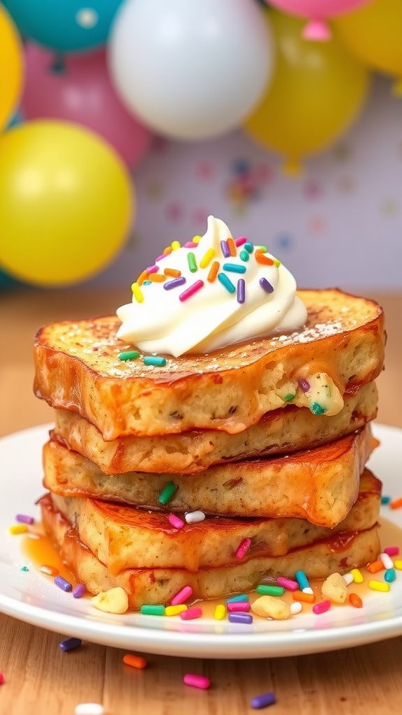 Stacked Layered Birthday Cake French Toast topped with frosting and sprinkles on a festive table.